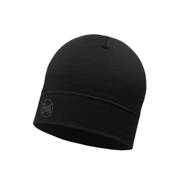 BUFF Lightweight Merino Wool Hat Solid Black - cienka i lekka sportowa czapka merynosowa