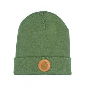 Czapka zimowa ze skórką / skórzaną naszywką Szyszka - khaki