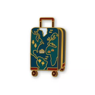 Pin metalowy - Złota walizka podróżnika z mapą - PINSTORY