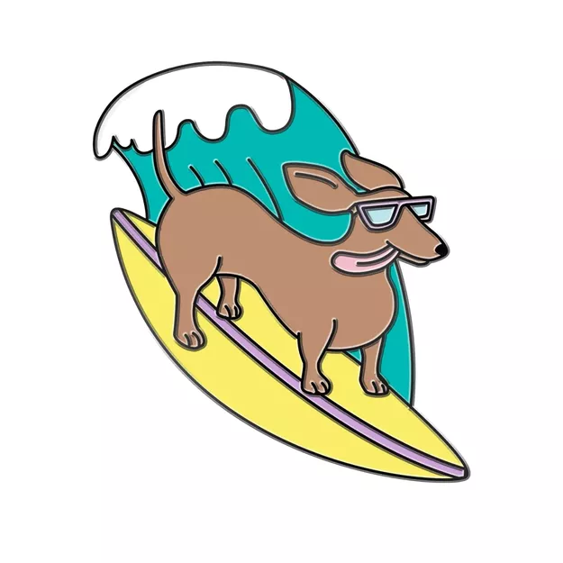 Pin metalowy - Jamnik surfer - PINSTORY