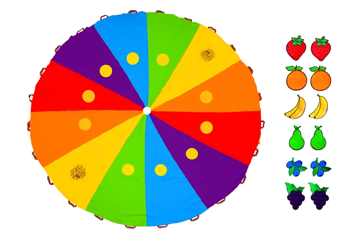 Chusta animacyjna KLANZA z 12 rzepami - płachta edukacyjna Akson - z owocami