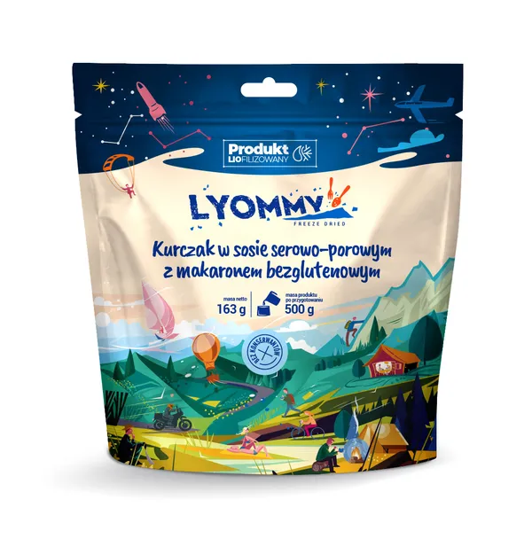 LYOMMY Kurczak w sosie serowo-porowym z makaronem bezglutenowym - 500 g - danie liofilizowane  liofilizat