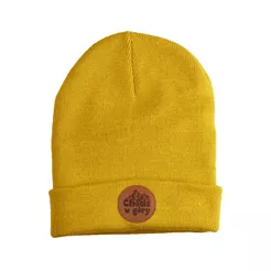 Czapka zimowa ze skórką / skórzaną naszywką Chodź w góry - żółta