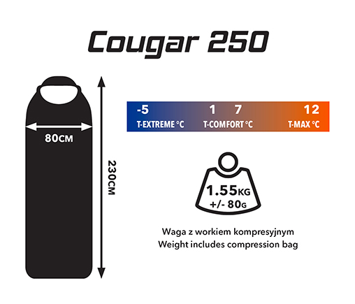 CAMPUS Cougar 250 - czarny - klasyczny śpiwór turystyczny z kapturem